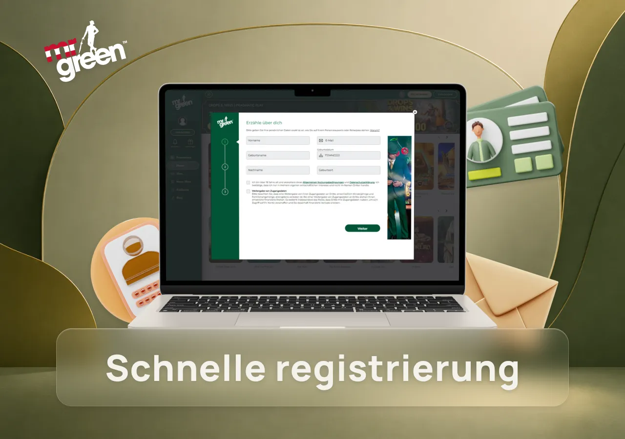 Schnelle Registrierung mit Formular zur Kontoerstellung und sicherer Anmeldung bei Mr Green Casino.
