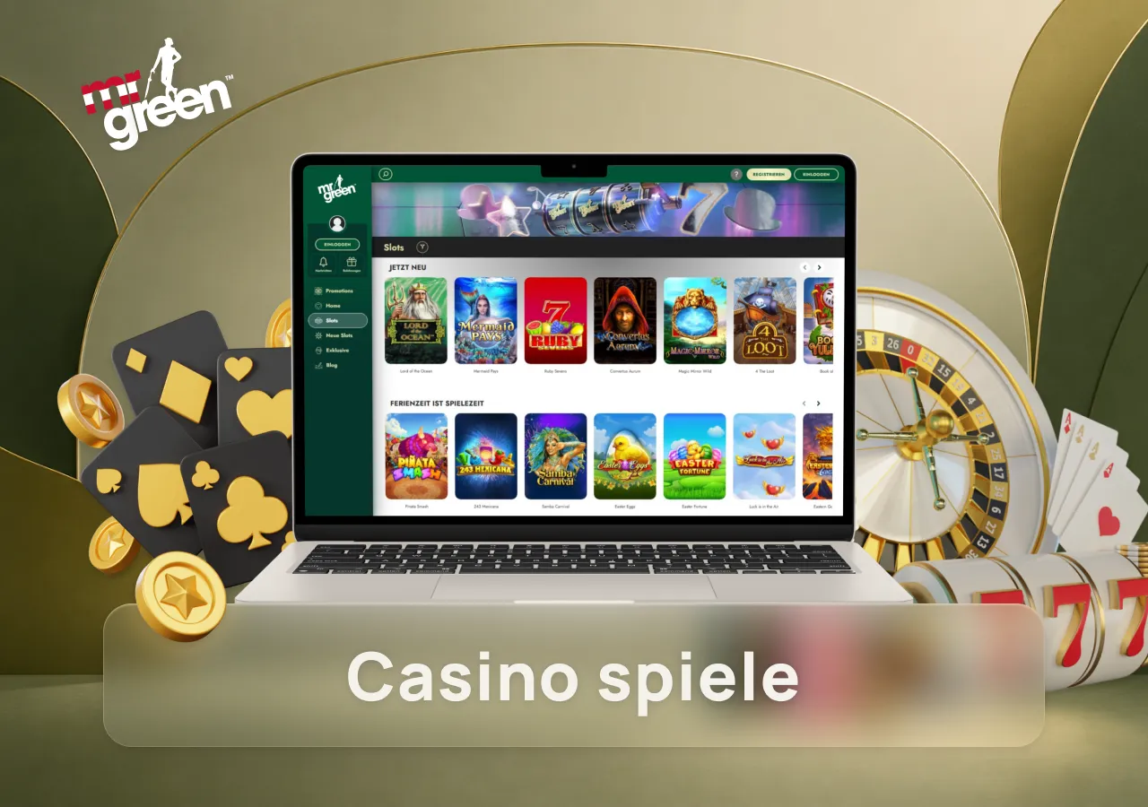 Große Auswahl an Casinospielen mit Roulette, Spielautomaten und Kartenspielen auf einem Laptop.